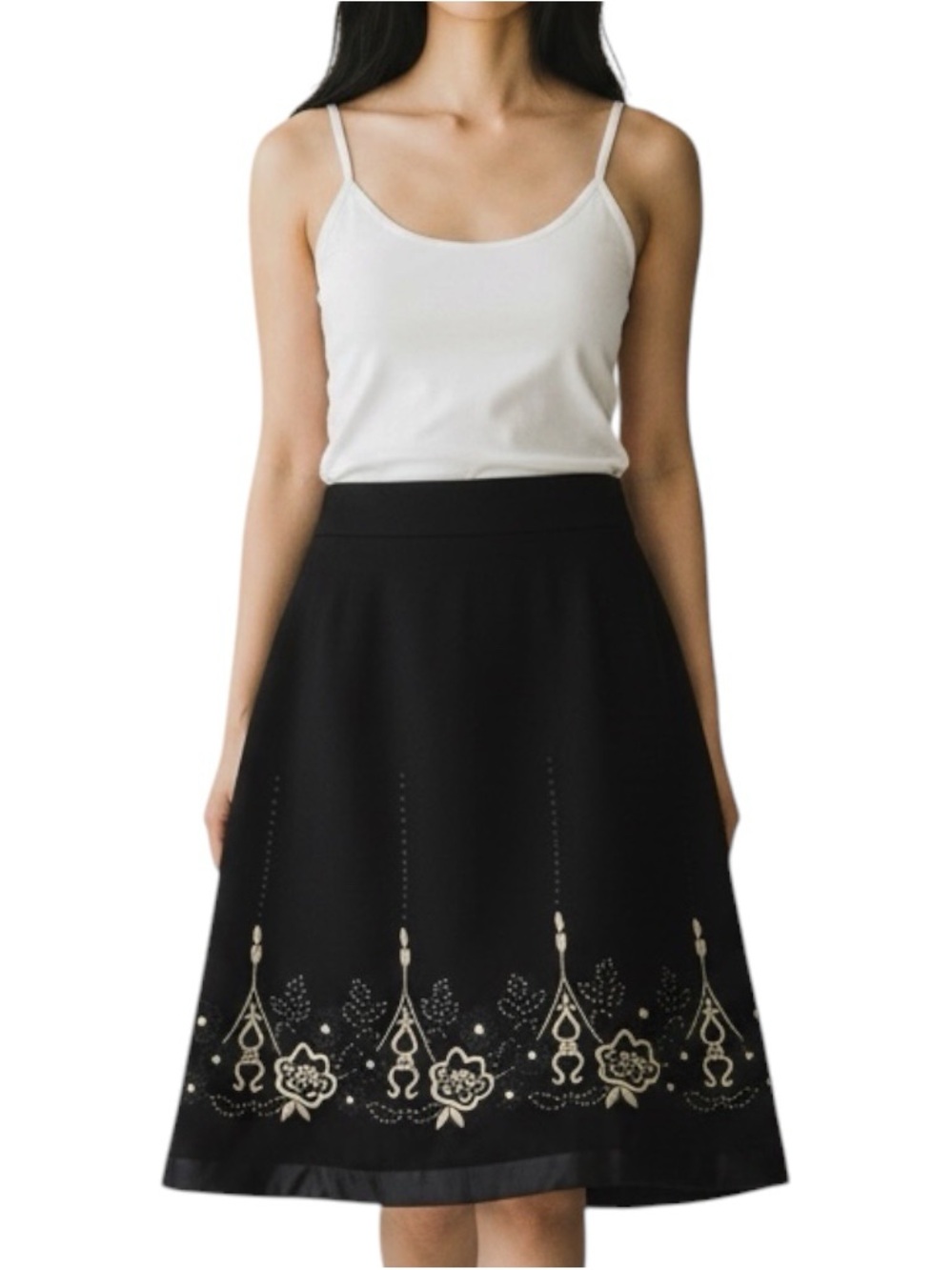 LOFT Black Tan Embroidered Beaded Feminine Cottage Fairy Skirt NWOT Size 8